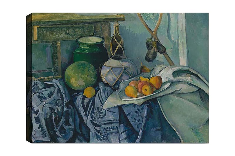 Lerretsbilde 70x100 cm - Stilleben med frukt og keramikk på en duk, Grønn / Blå / Oransje