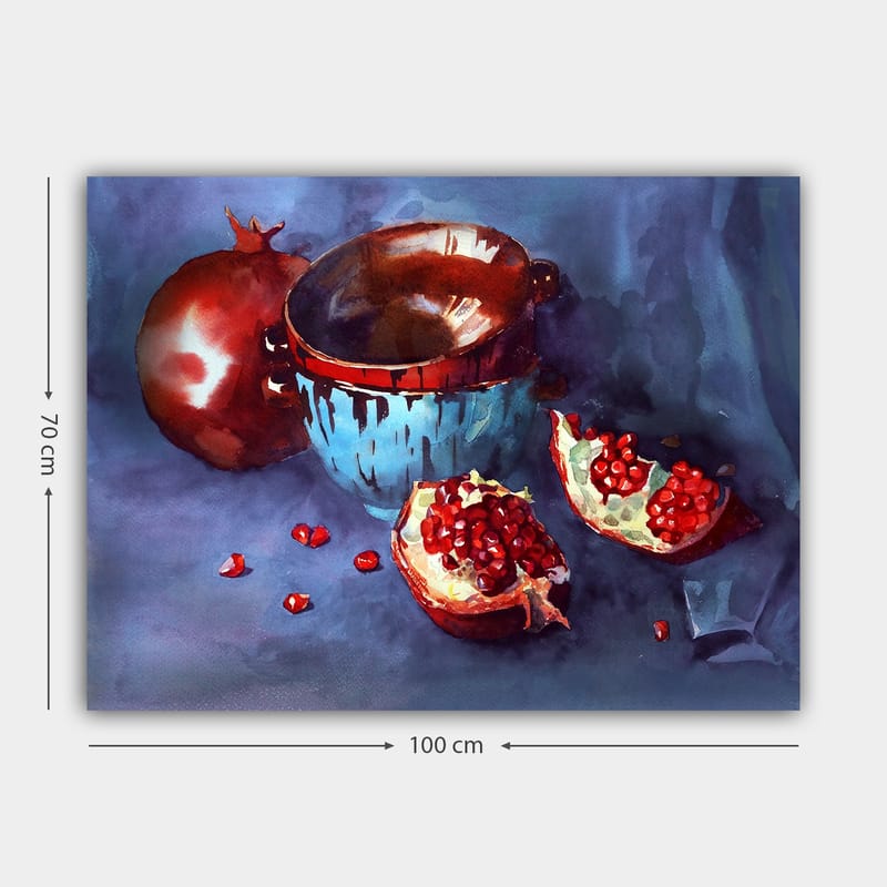 Lerretsbilde 70x100 cm - Stillhet med granatepler og en blå bolle - Rød / Blå / Brun - Innredning - Bilder & kunst - Lerretsbilder