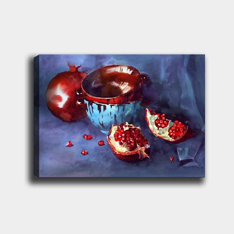 Lerretsbilde 70x100 cm - Stillhet med granatepler og en blå bolle, Rød / Blå / Brun
