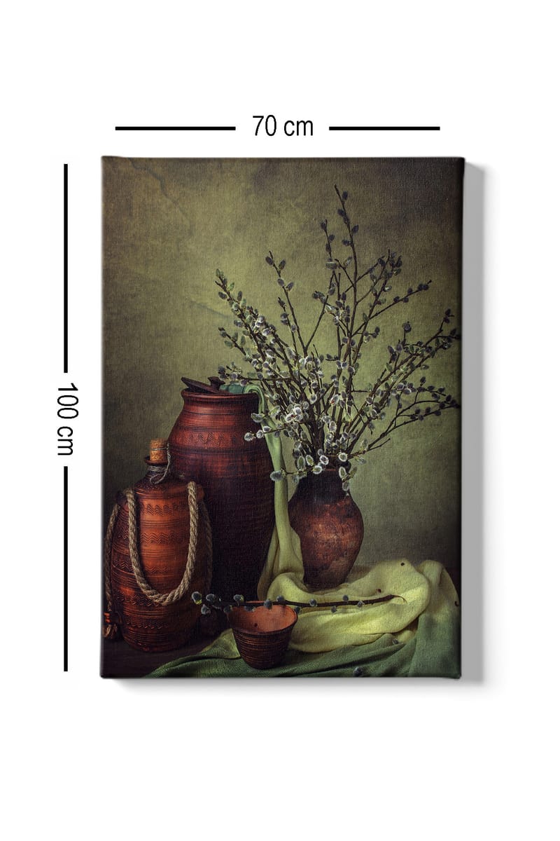 Lerretsbilde 70x100 cm - Stillhet med keramikk og grener i en harmonisk komposisjon - Mørk brun / Lys grønn / Olivengrønn - Innredning - Bilder & kunst - Lerretsbilder