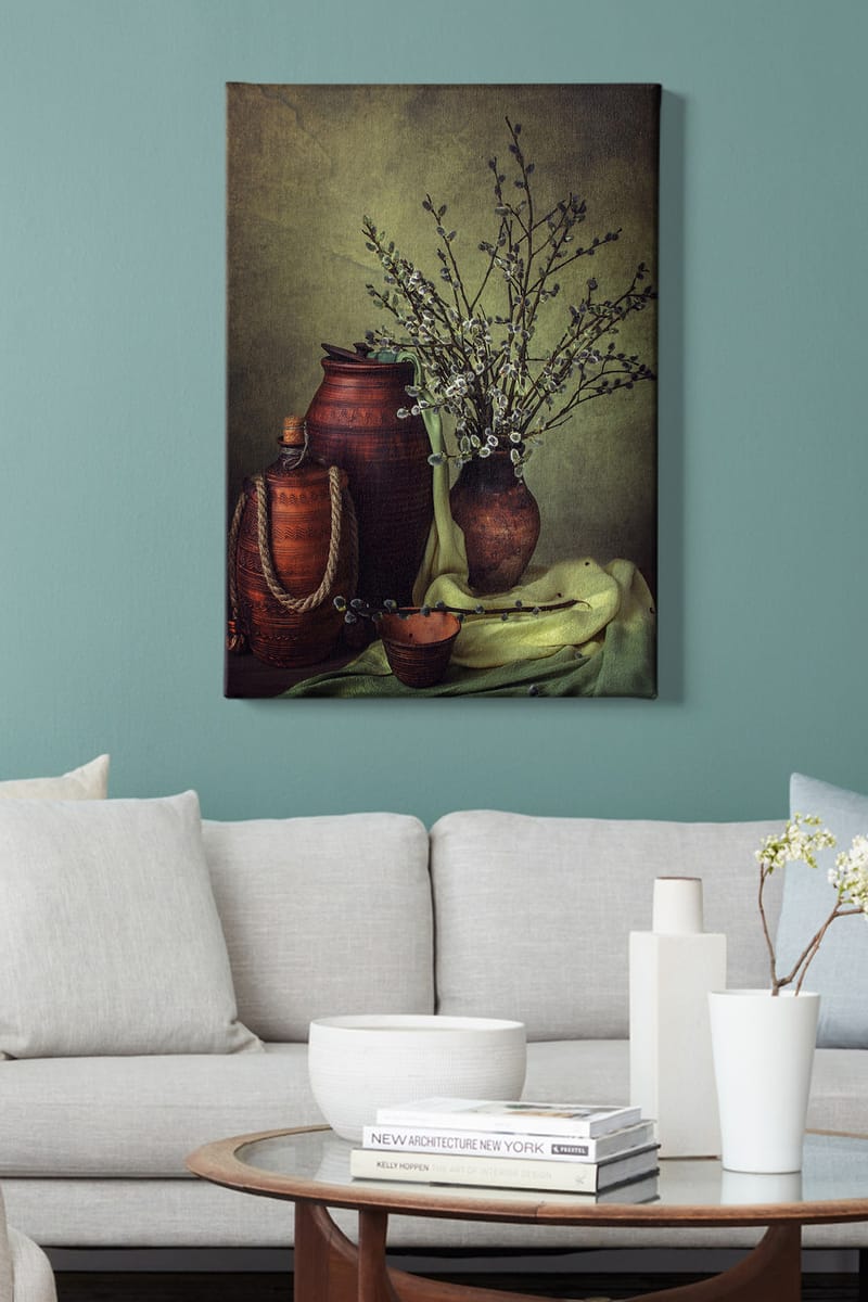 Lerretsbilde 70x100 cm - Stillhet med keramikk og grener i en harmonisk komposisjon - Mørk brun / Lys grønn / Olivengrønn - Innredning - Bilder & kunst - Lerretsbilder