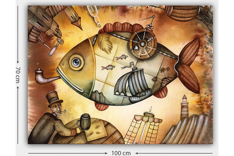 Lerretsbilde 70x100 cm - Stor, fantasifull fisk med seilbåter og et fyrtårn i drømmeaktige omgivelser - Brun / Grønn / Beige - Innredning - Bilder & kunst - Lerretsbilder