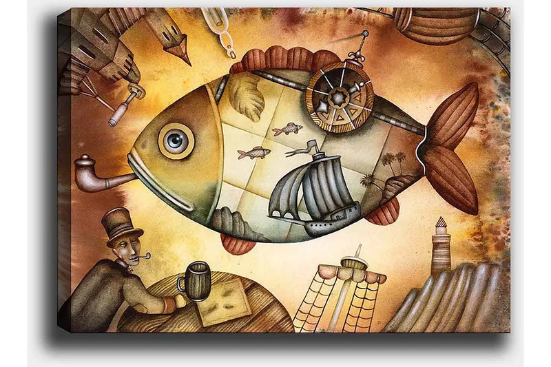 Lerretsbilde 70x100 cm - Stor, fantasifull fisk med seilbåter og et fyrtårn i drømmeaktige omgivelser - Brun / Grønn / Beige - Innredning - Bilder & kunst - Lerretsbilder