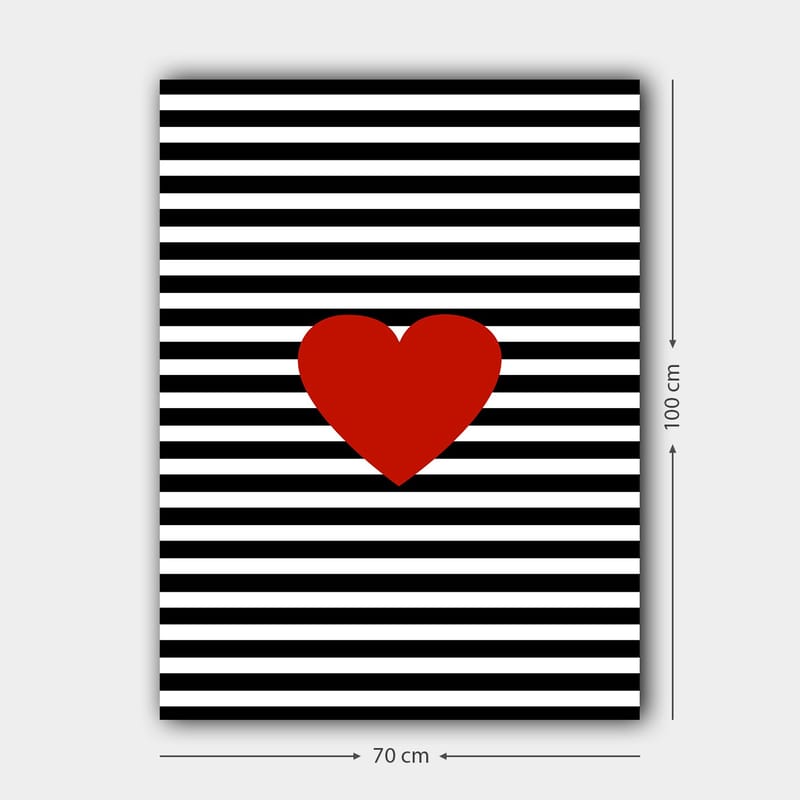 Lerretsbilde 70x100 cm - Stor rød hjerteform mot en bakgrunn av svarte og hvite striper - Rød / Svart / Hvit - Innredning - Bilder & kunst - Lerretsbilder