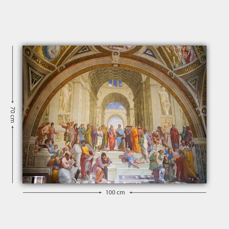 Lerretsbilde 70x100 cm - Stor samling av filosofer og tenkere i en praktfull arkitektonisk setting - Blå / Rød / Beige - Innredning - Bilder & kunst - Lerretsbilder