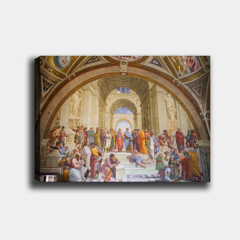Lerretsbilde 70x100 cm - Stor samling av filosofer og tenkere i en praktfull arkitektonisk setting, Blå / Rød / Beige