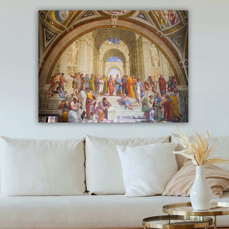 Lerretsbilde 70x100 cm - Stor samling av filosofer og tenkere i en praktfull arkitektonisk setting - Blå / Rød / Beige - Innredning - Bilder & kunst - Lerretsbilder