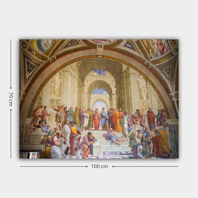 Lerretsbilde 70x100 cm - Stor samling av filosofer og tenkere i en praktfull arkitektonisk setting - Blå / Rød / Beige - Innredning - Bilder & kunst - Lerretsbilder