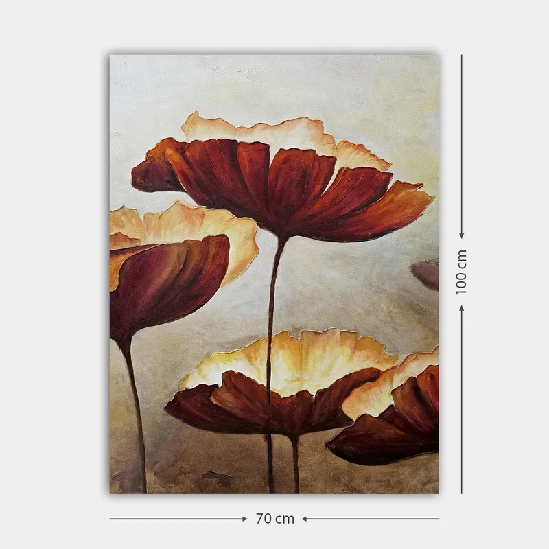 Lerretsbilde 70x100 cm - Store, stiliserte blomster i varme toner - Mørk rød / Kremhvit - Innredning - Bilder & kunst - Lerretsbilder