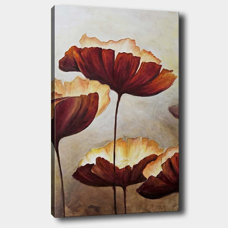 Lerretsbilde 70x100 cm - Store, stiliserte blomster i varme toner, Mørk rød / Kremhvit