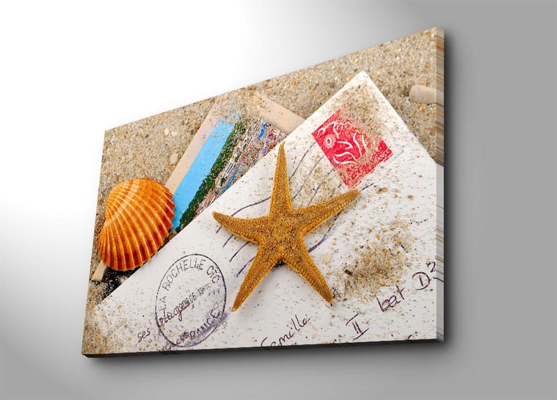 Lerretsbilde 70x100 cm - Strandinspirert komposisjon med sjøstjerne og skjell på et postkort, Oransje / Beige / Hvit