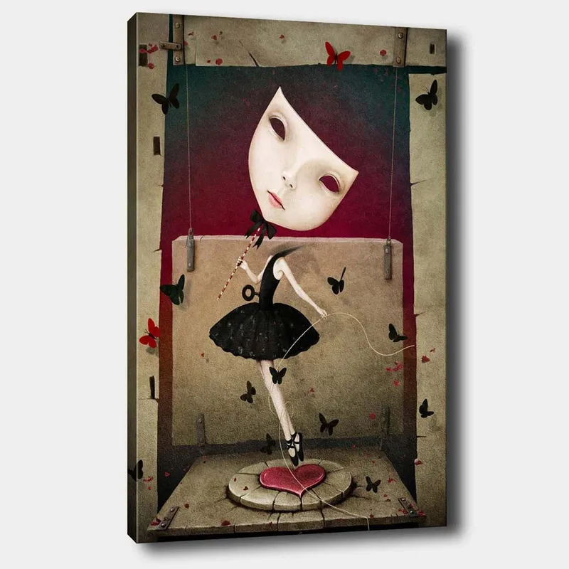 Lerretsbilde 70x100 cm - Surrealistisk ballerina med en stor, uttrykksfull ansiktsmaske som danser blant sommerfugler, Svart / Rød / Beige