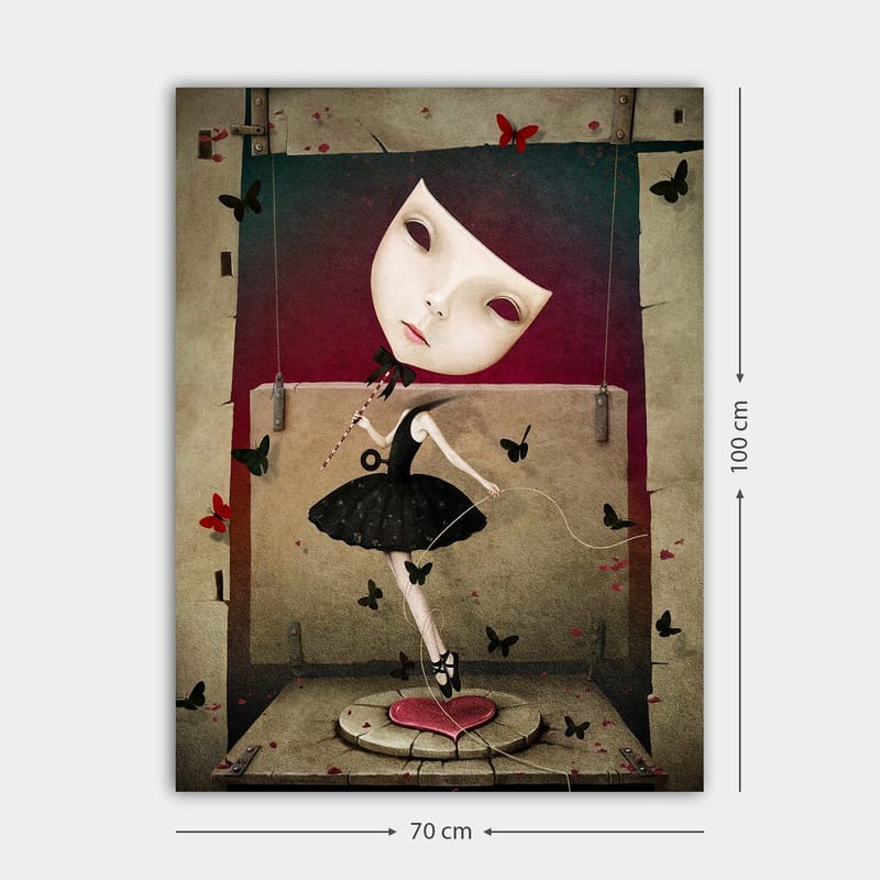 Lerretsbilde 70x100 cm - Surrealistisk ballerina med en stor, uttrykksfull ansiktsmaske som danser blant sommerfugler - Svart / Rød / Beige - Innredning - Bilder & kunst - Lerretsbilder