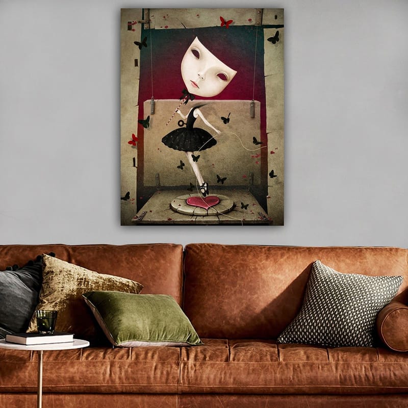 Lerretsbilde 70x100 cm - Surrealistisk ballerina med en stor, uttrykksfull ansiktsmaske som danser blant sommerfugler - Svart / Rød / Beige - Innredning - Bilder & kunst - Lerretsbilder