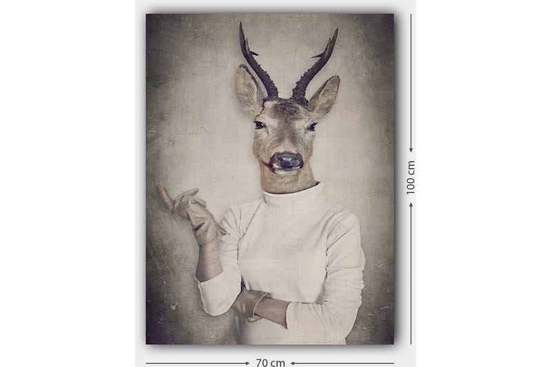 Lerretsbilde 70x100 cm - Surrealistisk bilde av en mann med et hjortehode som gestikulerer med hånden - Beige / Grå / Brun - Innredning - Bilder & kunst - Lerretsbilder