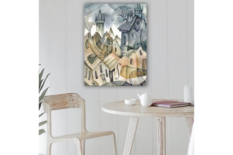 Lerretsbilde 70x100 cm - Surrealistisk bybilde med bølgende hus og tårn som skaper en drømmeaktig atmosfære - Grå / Beige / Hvit - Innredning - Bilder & kunst - Lerretsbilder