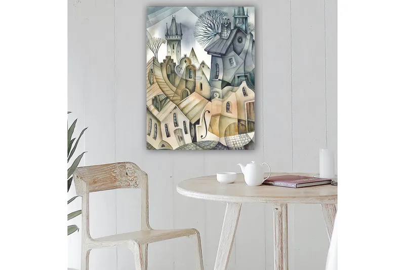 Lerretsbilde 70x100 cm - Surrealistisk bybilde med bølgende hus og tårn som skaper en drømmeaktig atmosfære - Grå / Beige / Hvit - Innredning - Bilder & kunst - Lerretsbilder