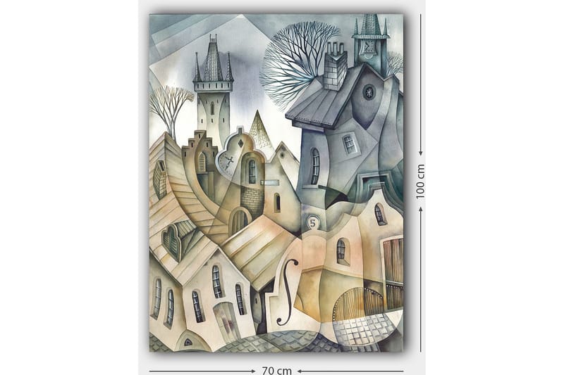 Lerretsbilde 70x100 cm - Surrealistisk bybilde med bølgende hus og tårn som skaper en drømmeaktig atmosfære - Grå / Beige / Hvit - Innredning - Bilder & kunst - Lerretsbilder