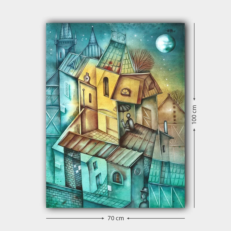 Lerretsbilde 70x100 cm - Surrealistisk bybilde med fargerike hus og en person som sitter på taket under en parasoll - Grønn / Gul / Blå - Innredning - Bilder & kunst - Lerretsbilder