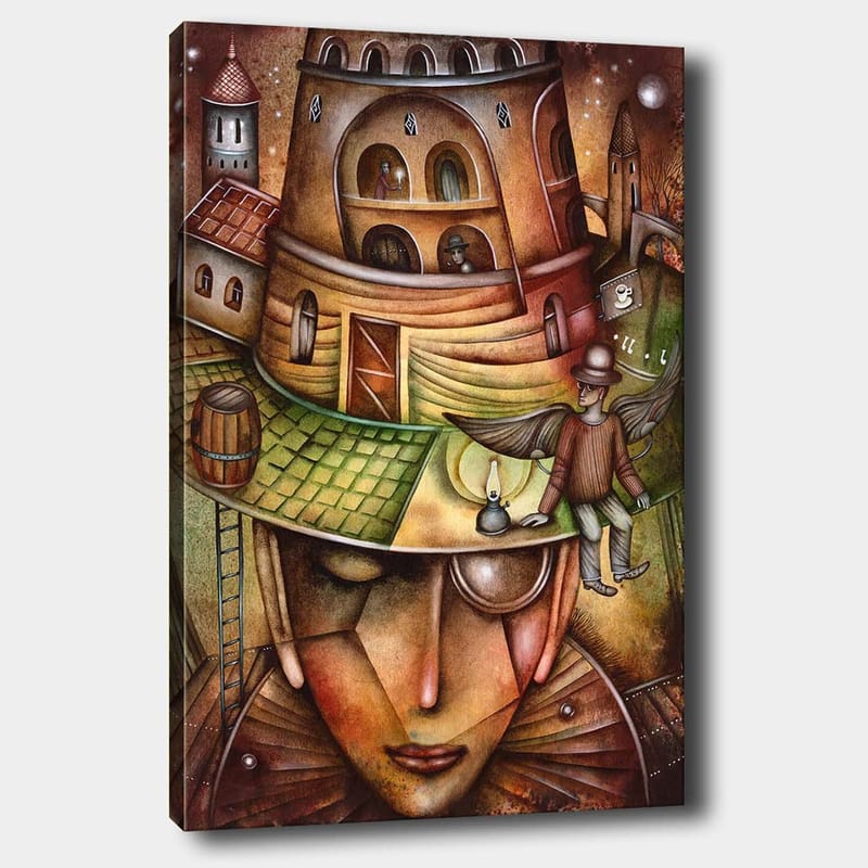 Lerretsbilde 70x100 cm - Surrealistisk komposisjon med en stor, ansiktslignende figur iført hatt med en bygning og en bevinget figur på toppen, Brun / Grønn / Beige