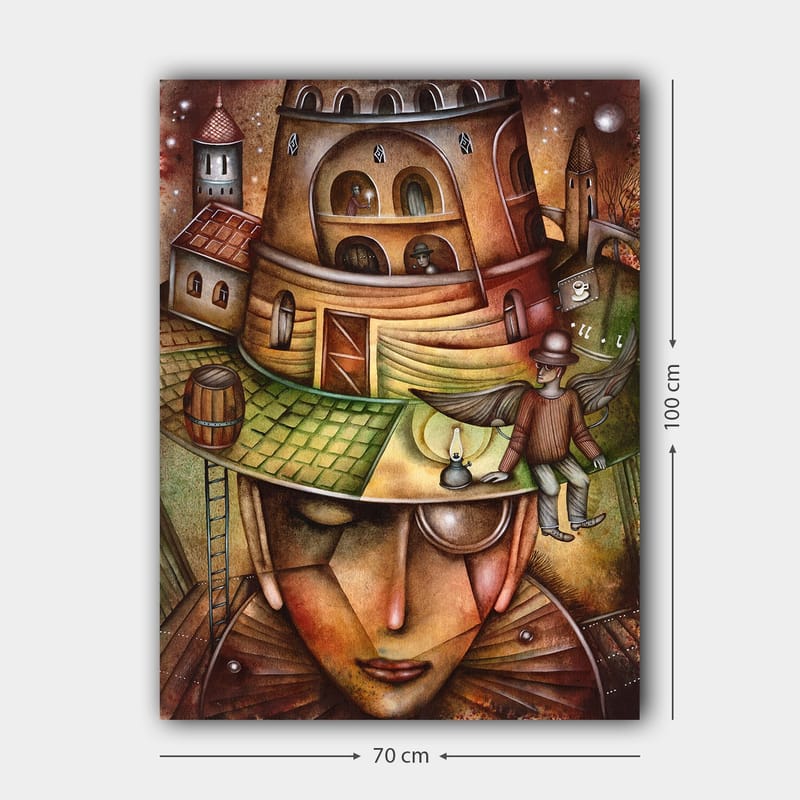 Lerretsbilde 70x100 cm - Surrealistisk komposisjon med en stor, ansiktslignende figur iført hatt med en bygning og en bevinget figur på toppen - Brun / Grønn / Beige - Innredning - Bilder & kunst - Lerretsbilder