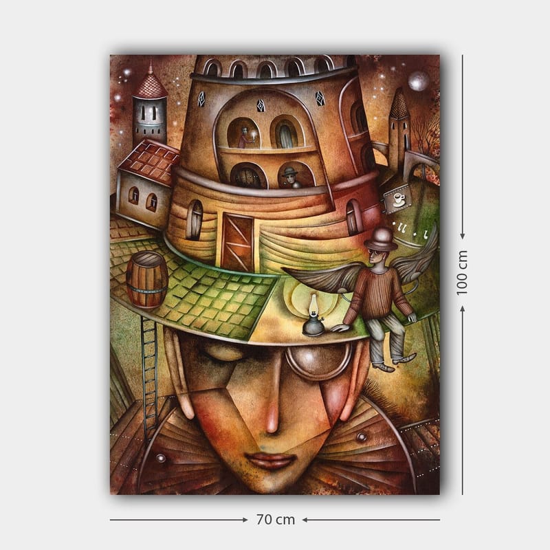 Lerretsbilde 70x100 cm - Surrealistisk komposisjon med en stor, ansiktslignende figur iført hatt med en bygning og en bevinget figur på toppen - Brun / Grønn / Beige - Innredning - Bilder & kunst - Lerretsbilder