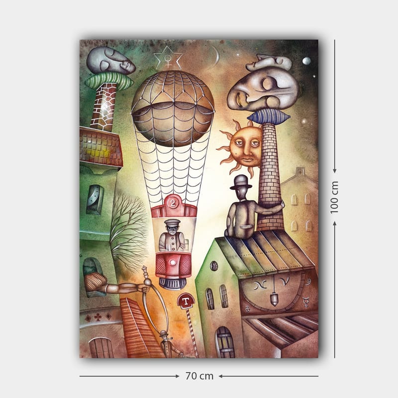 Lerretsbilde 70x100 cm - Surrealistisk scene med en varmluftsballong som svever over en by med karakteristiske bygninger og figurer - Grønn / Brun / Beige - Innredning - Bilder & kunst - Lerretsbilder
