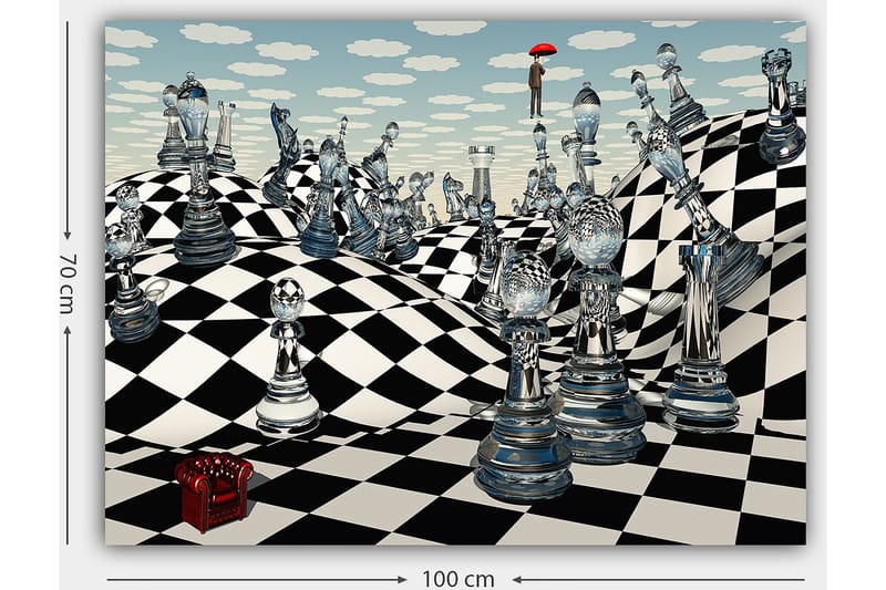 Lerretsbilde 70x100 cm - Surrealistisk sjakkbrett med gjennomsiktige sjakkbrikker som strekker seg over bølgende landskap - Svart / Hvit / Gjennomsiktig - Innredning - Bilder & kunst - Lerretsbilder