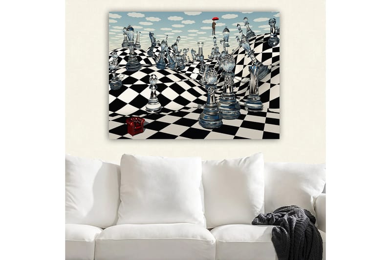 Lerretsbilde 70x100 cm - Surrealistisk sjakkbrett med gjennomsiktige sjakkbrikker som strekker seg over bølgende landskap - Svart / Hvit / Gjennomsiktig - Innredning - Bilder & kunst - Lerretsbilder