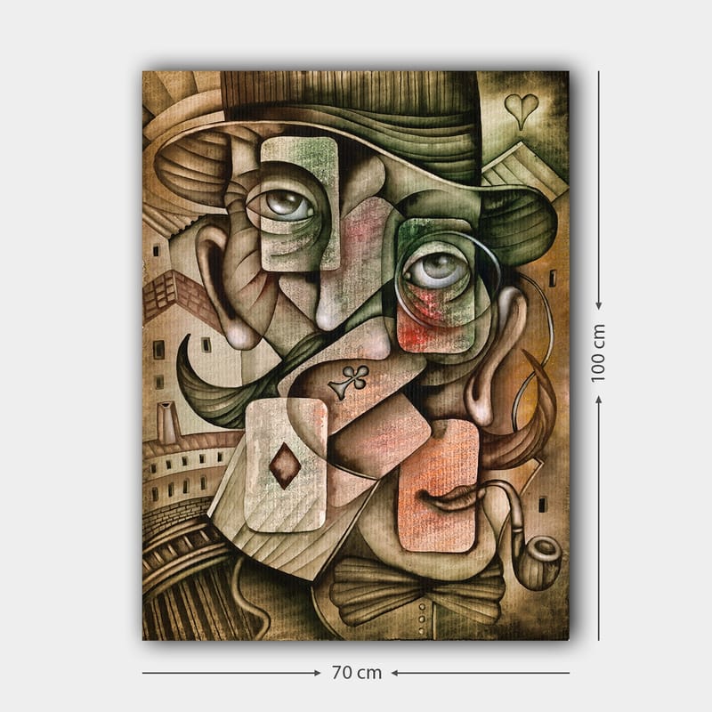 Lerretsbilde 70x100 cm - Surrealistisk portrettkomposisjon med to ansikter og spillekortelementer - Grønn / Brun / Rød - Innredning - Bilder & kunst - Lerretsbilder