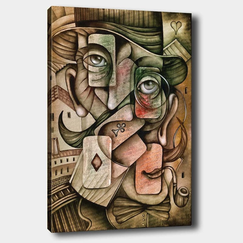 Lerretsbilde 70x100 cm - Surrealistisk portrettkomposisjon med to ansikter og spillekortelementer - Grønn / Brun / Rød - Innredning - Bilder & kunst - Lerretsbilder