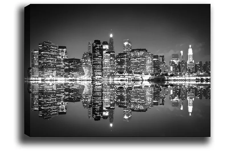 Lerretsbilde 70x100 cm - Svart-hvitt bysilhuett med refleksjoner i vannet - Svart / Hvit / Grå - Innredning - Bilder & kunst - Lerretsbilder