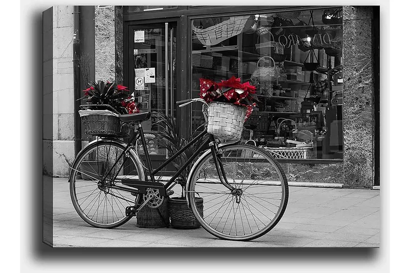 Lerretsbilde 70x100 cm - Svart sykkel med blomster i kurver på en gate - Rød / Svart / Grå - Innredning - Bilder & kunst - Lerretsbilder