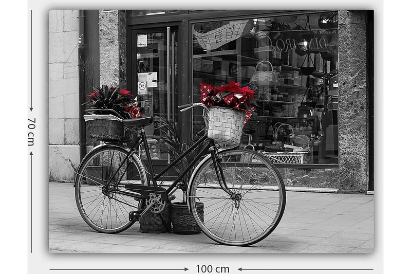 Lerretsbilde 70x100 cm - Svart sykkel med blomster i kurver på en gate - Rød / Svart / Grå - Innredning - Bilder & kunst - Lerretsbilder