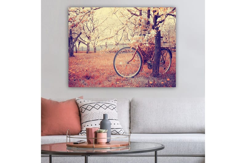 Lerretsbilde 70x100 cm - Sykkel lent mot et tre i en blomstrende frukthage om våren - Oransje / Brun / Grå - Innredning - Bilder & kunst - Lerretsbilder