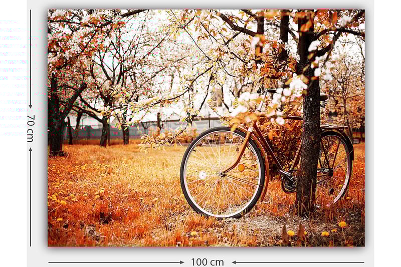 Lerretsbilde 70x100 cm - Sykkel lent mot et tre i et høstlandskap med oransje og gule blader - Oransje / Gul / Brun - Innredning - Bilder & kunst - Lerretsbilder