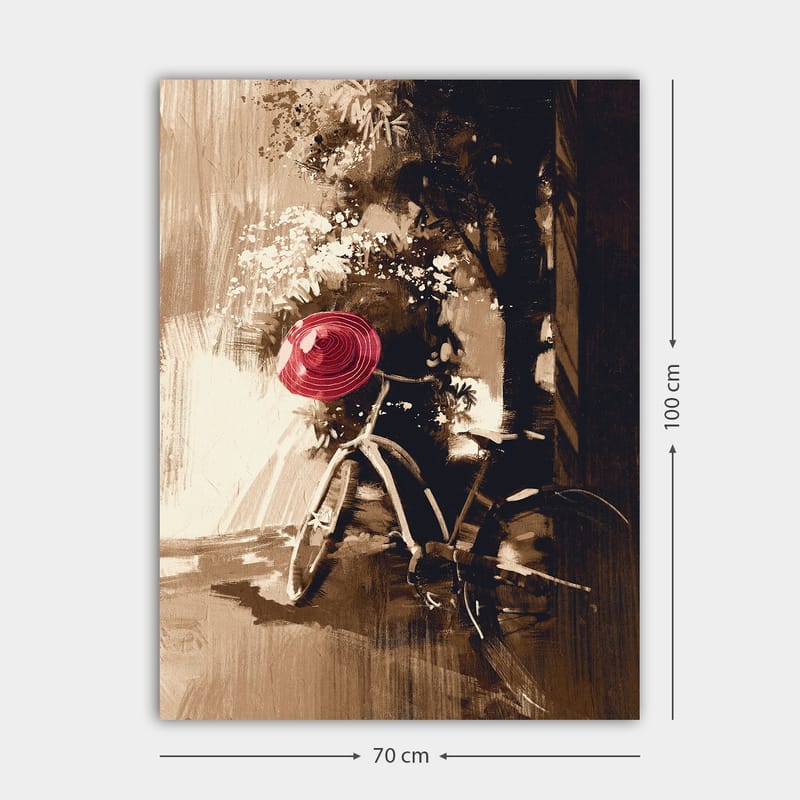 Lerretsbilde 70x100 cm - Sykkel med rød hatt i frodige, grønne omgivelser - Rød / Brun / Svart - Innredning - Bilder & kunst - Lerretsbilder