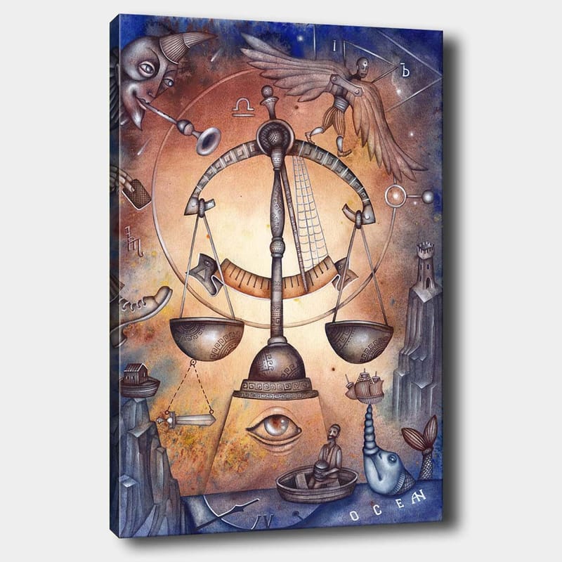 Lerretsbilde 70x100 cm - Symbolsk skala som representerer balanse, omgitt av ulike elementer som representerer livets kompleksitet - Gull / Blå / Brun - Innredning - Bilder & kunst - Lerretsbilder