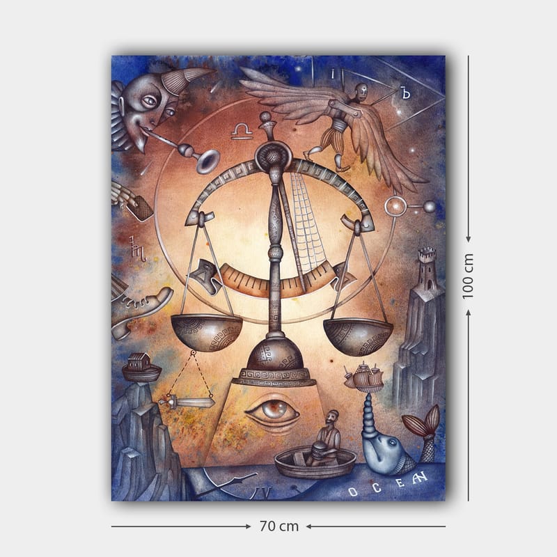Lerretsbilde 70x100 cm - Symbolsk skala som representerer balanse, omgitt av ulike elementer som representerer livets kompleksitet - Gull / Blå / Brun - Innredning - Bilder & kunst - Lerretsbilder