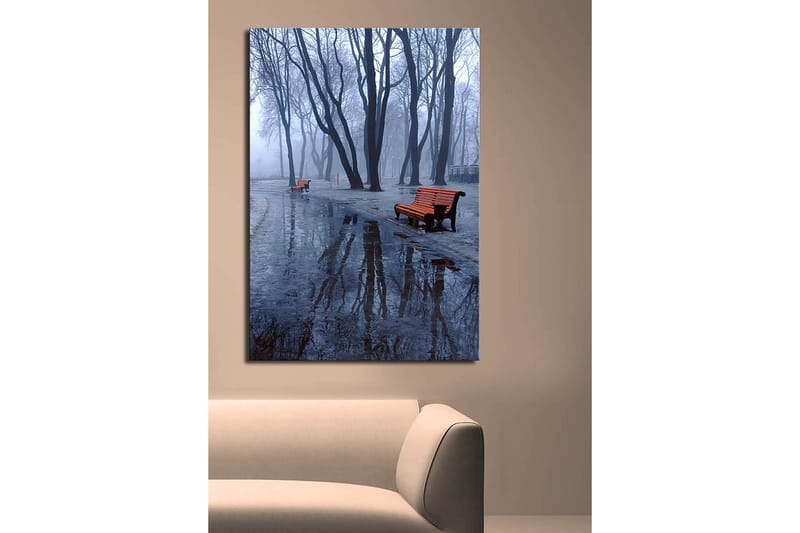 Lerretsbilde 70x100 cm - Tåkete park med to oransje benker omgitt av kalde, nakne trær - Oransje / Blå / Grå - Innredning - Bilder & kunst - Lerretsbilder