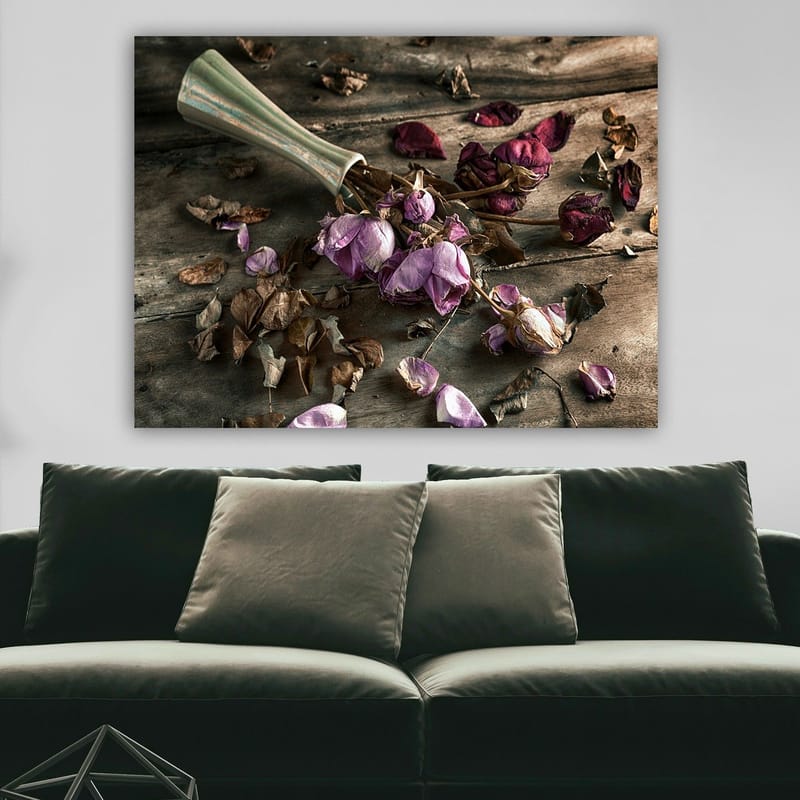 Lerretsbilde 70x100 cm - Tørkede roser og blader i en vakker komposisjon - Lilla / Brun / Grønn - Innredning - Bilder & kunst - Lerretsbilder