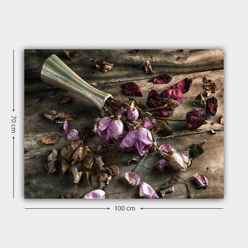 Lerretsbilde 70x100 cm - Tørkede roser og blader i en vakker komposisjon - Lilla / Brun / Grønn - Innredning - Bilder & kunst - Lerretsbilder