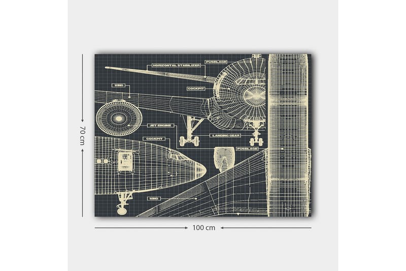 Lerretsbilde 70x100 cm - Teknisk tegning av et fly med detaljerte komponenter - Mørk blå / Lys beige - Innredning - Bilder & kunst - Lerretsbilder