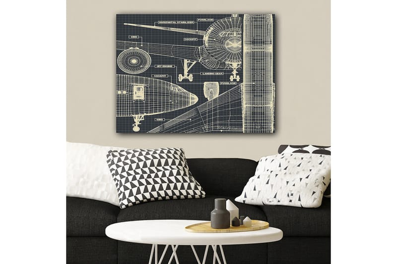 Lerretsbilde 70x100 cm - Teknisk tegning av et fly med detaljerte komponenter - Mørk blå / Lys beige - Innredning - Bilder & kunst - Lerretsbilder