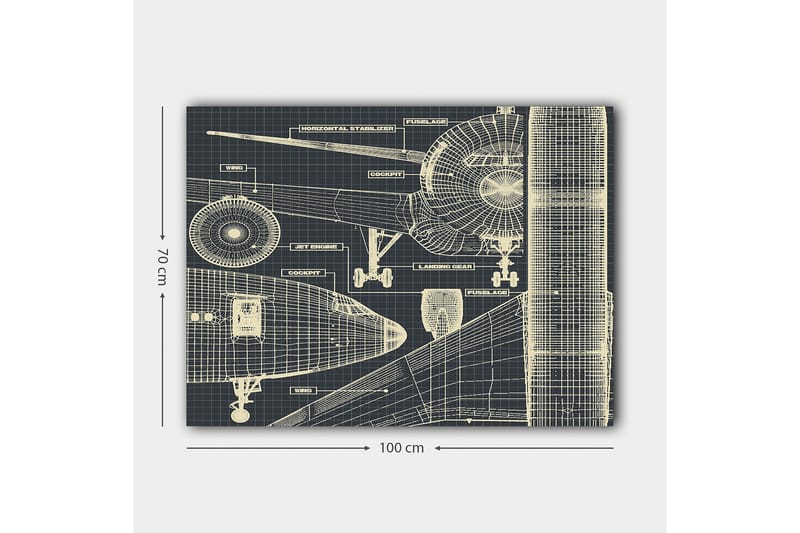 Lerretsbilde 70x100 cm - Teknisk tegning av et fly med detaljerte komponenter - Mørk blå / Lys beige - Innredning - Bilder & kunst - Lerretsbilder