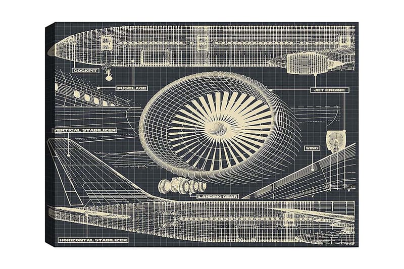 Lerretsbilde 70x100 cm - Teknisk tegning av et fly med fokus på motor og vinger - Mørk blå / Beige - Innredning - Bilder & kunst - Lerretsbilder