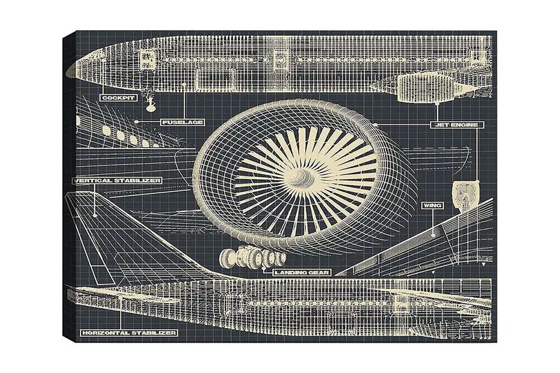 Lerretsbilde 70x100 cm - Teknisk tegning av et fly med fokus på motor og vinger - Mørk blå / Beige - Innredning - Bilder & kunst - Lerretsbilder