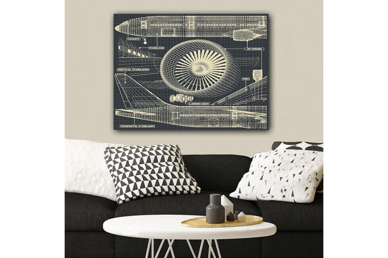 Lerretsbilde 70x100 cm - Teknisk tegning av et fly med fokus på motor og vinger - Mørk blå / Beige - Innredning - Bilder & kunst - Lerretsbilder