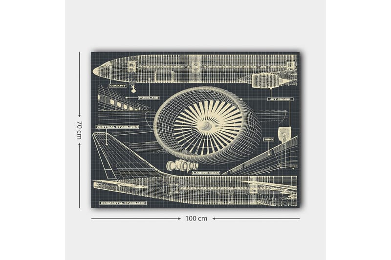 Lerretsbilde 70x100 cm - Teknisk tegning av et fly med fokus på motor og vinger - Mørk blå / Beige - Innredning - Bilder & kunst - Lerretsbilder