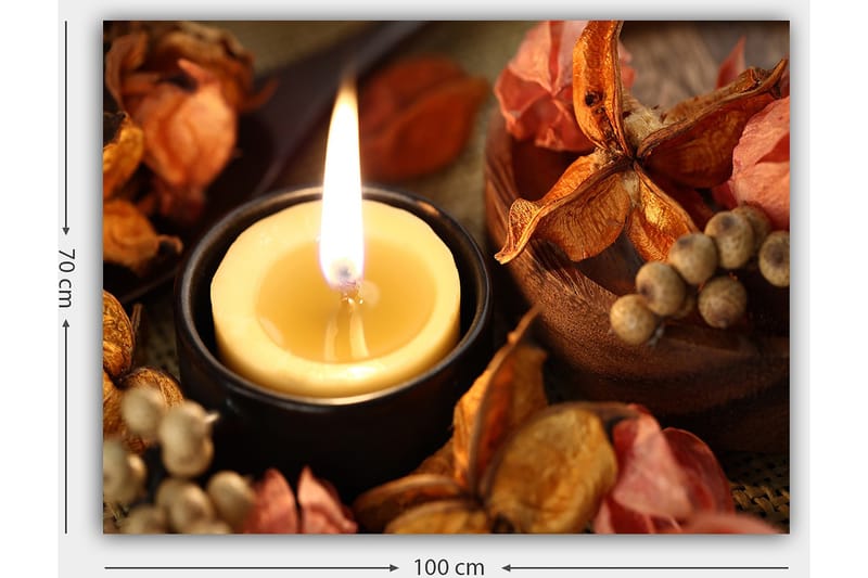 Lerretsbilde 70x100 cm - Tent lyslykt omgitt av tørkede blomster og frø - Gul / Oransje / Brun - Innredning - Bilder & kunst - Lerretsbilder